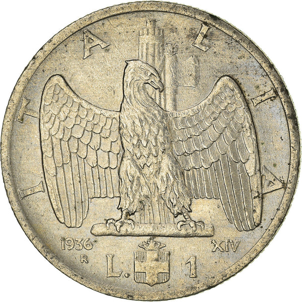 Italy Coin 1 Lira - Vittorio Emanuele III | Eagle | Shield | Axe | KM77 | 1936 - 1938