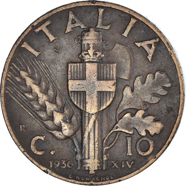 Italy Coin 10 Centesimi - Vittorio Emanuele III | Quadriga | Fasces | Axe | KM74 | 1936 - 1943