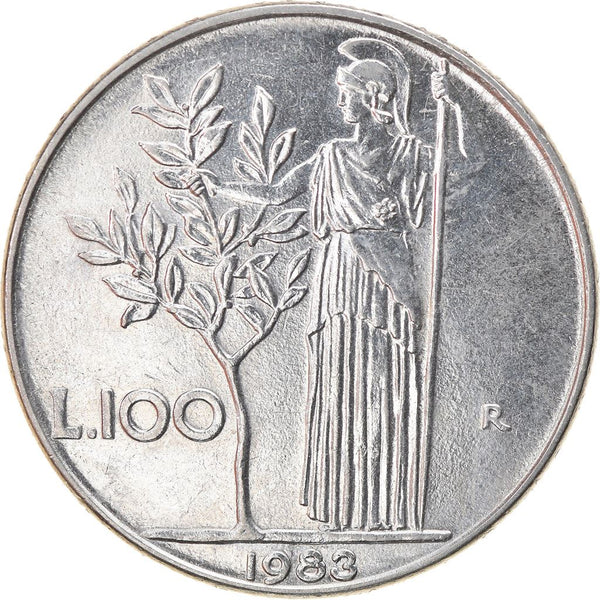 Italy Coin 100 Lire large type | Goddess Minerva | Long Spear | Tree | KM96.1 | 1955 - 1989