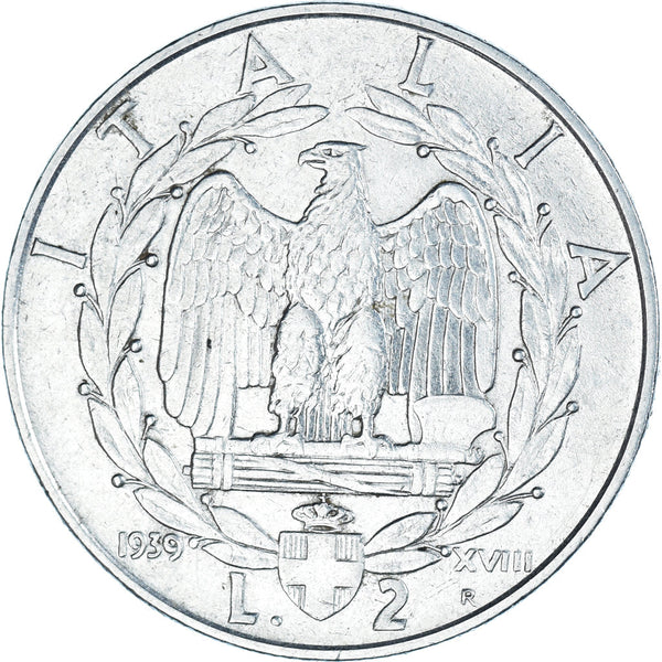 Italy Coin 2 Lire - Vittorio Emanuele III | Eagle | Fasces | Axe | KM78a | 1939 - 1940