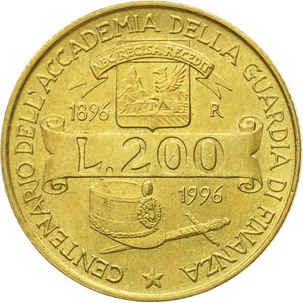 Italy Coin 200 Lire Academy of "Guardia di Finanza" | Caserta | Sword | KM184 | 1996