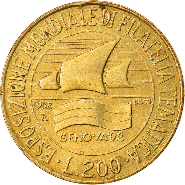 Italy Coin 200 Lire Philatelic Exhibition - Genoa'92 | Libertine | Sails | KM151 | 1992