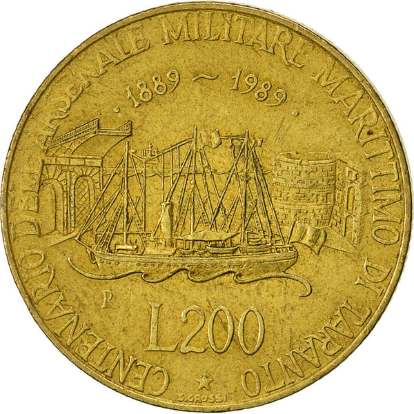Italy Coin 200 Lire Taranto Naval Arsenal | Libertine | Ship Sailing | Castle | KM130 | 1989