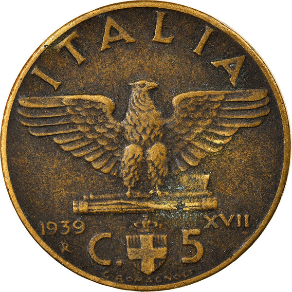 Italy Coin 5 Centesimi - Vittorio Emanuele III | Eagle | Fasces | Quadriga | KM73a | 1939 - 1943