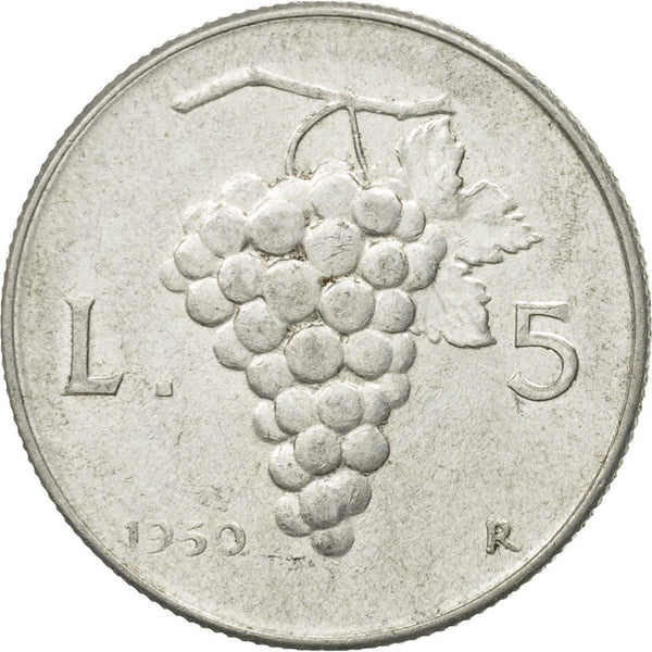 Italy Coin 5 Lire | Libertine | Burning Torch | Grapes | KM89 | 1946 - 1950