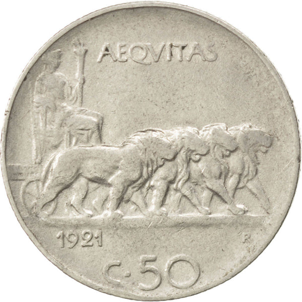 Italy Coin 50 Centesimi - Vittorio Emanuele III | Torch | Chariot | Lions | KM61 | 1919 - 1935