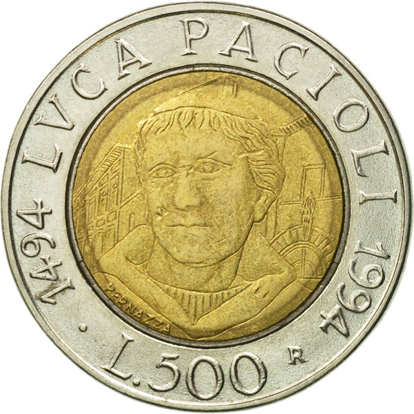 Italy Coin 500 Lire Luca Pacioli | Sansepolcro | Tuscany | KM167 | 1994