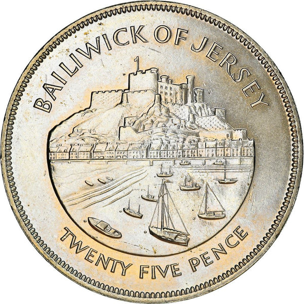 Jersey 25 Pence Coin | Queen Elizabeth II | Silver Jubilee | Gorey Harbour | Mont Orgueil Castle | KM44 | 1977