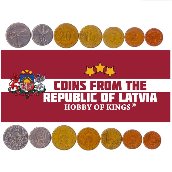 Latvian 7 Coin Set 1 2 5 10 20 50 Santimu 1 Lats | Salmon | Lion | Griffin | Pine Tree | Latvia | 1992 - 2009