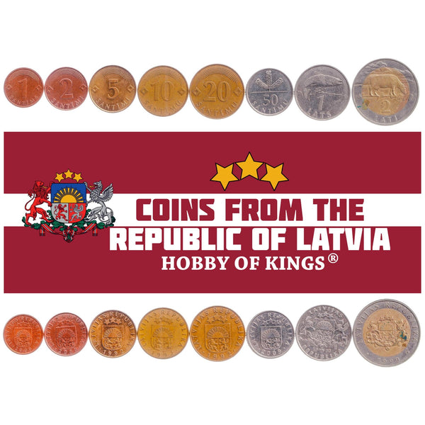 Latvian 8 Coin Set 1 2 5 10 20 50 Santimu 1 2 Lati | Cow | Salmon | Lion | Griffin | Pine Tree | Latvia | 1992 - 2009