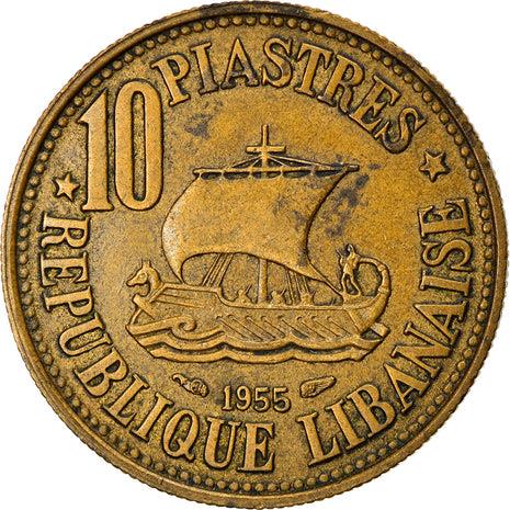 Lebanon Coin 10 Qirush | Cedar Tree | Trireme | KM23 | 1955