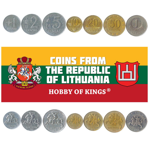 Lithuanian 7 Coin Set 1 2 5 10 20 50 Centu 1 Litas | Knight | Horse | Vytis | Lithuania | 1991 - 2014