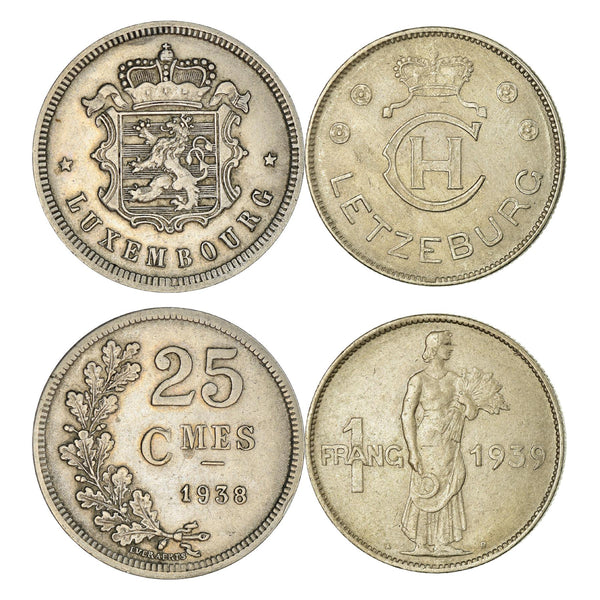 Luxembourger 2 Coin Set 25 Centimes 1 Franc | Charlotte | Crowned Monogram (Ch) Of Charlotte | Luxembourg | 1938 - 1939