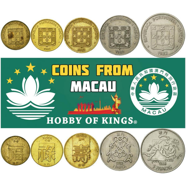Macau | 5 Coin Set 10 20 50 Avos 1 5 Patacas | Dragon | 1982 - 1988