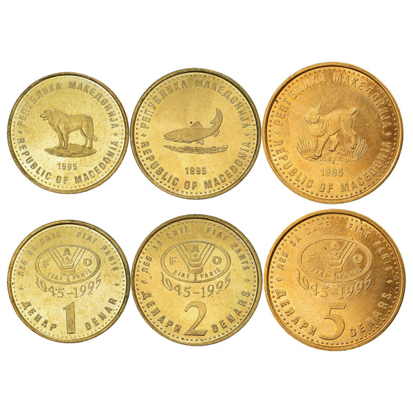 Macedonian 3 Coin Set 1 2 5 Denari | Sarplaninac Dog | Trout | Lynx | North Macedonia | 1995
