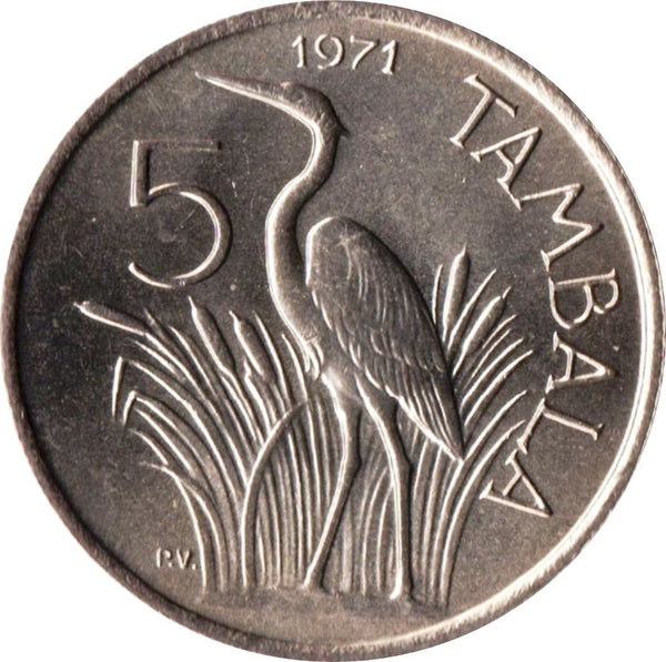 Malawi 5 Tambala Coin | Hastings Banda | Purple Heron | KM9 | 1971 - 1989