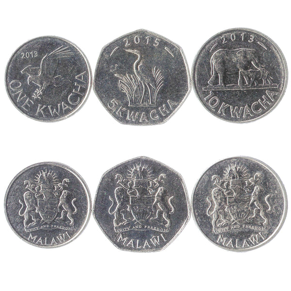 Malawian 3 Coin Set 1 5 10 Kwacha | Elephant | African Fish Eagle | Purple Heron | Malawi | 2012 - 2018
