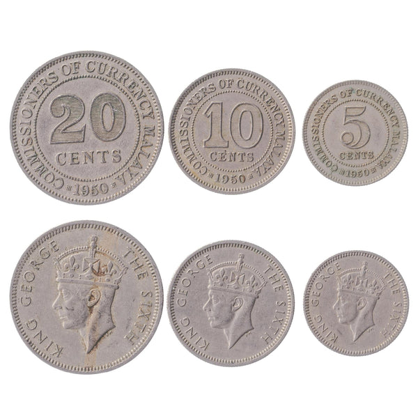 Malaysian 3 Coin Set 5 10 20 Cents | George VI | 1948 - 1950