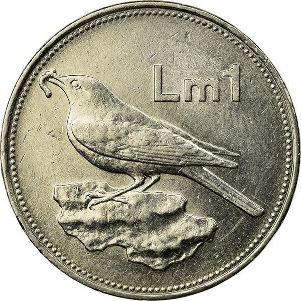 Malta Coin Maltese 1 Lira | Sun | Luzzu Boat | Blue Rock Thrush | Bird | KM82 | 1986