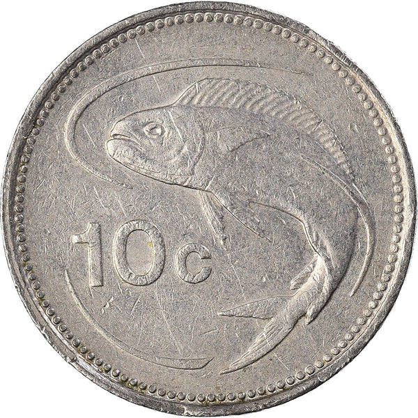 Malta Coin Maltese 10 Cents | Sun | Luzzu Boat | Mahi Mahi Fish | KM76 | 1986
