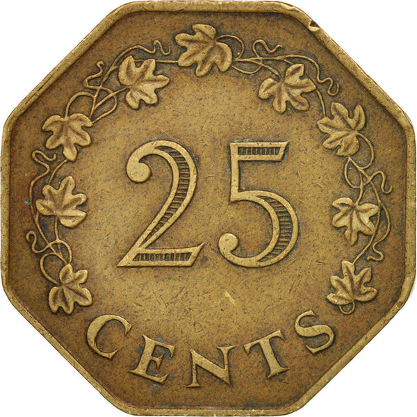 Malta Coin Maltese 25 Cents | Anniversary of Republic | Sun | Luzzu Boat | KM29 | 1975