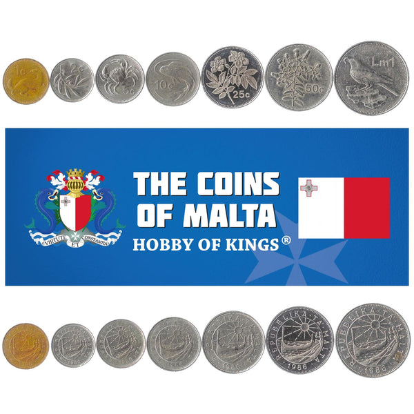 Maltese 7 Coin Set 1 2 5 10 25 50 Cents 1 Lira | Blue Rock Thrush | Mahi Mahi | Weasel | Maltese Freshwater Crab | Luzzu Boat | Malta | 1986