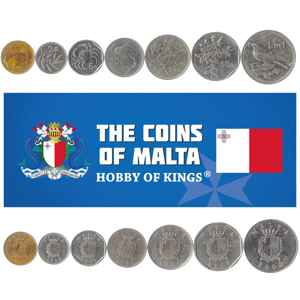 Maltese 7 Coin Set 1 2 5 10 25 50 Cents 1 Lira | Blue Rock Thrush | Mahi Mahi | Weasel | Maltese Freshwater Crab | Malta | 1991 - 2007