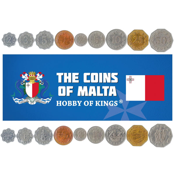 Maltese 9 Coin Set 2 3 5 Mils 1 2 5 10 25 50 Cents | Dolphins | Bee | Great Siege Monument | Luzzu Boat | Ritual Altar | Penthesilea | Malta | 1972 - 1982