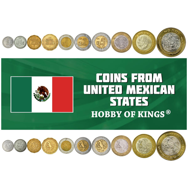 Mexican 10 Coin Set 5 10 20 50 Centavos 1 2 5 10 20 50 Nuevos Pesos | Opuntia | Golden Eagle | Aztec calendar stone | 1992 - 2009
