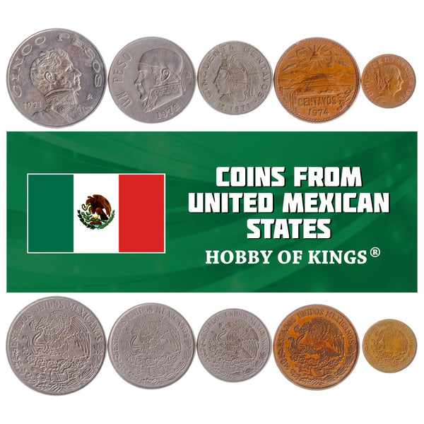 Mexican 5 Coin Set 5 50 20 Centavos 1 5 Pesos | Cactus | Eagle | Snake | Pyramid | Cuauhtémoc | Josefa Ortiz de Domínguez | Vicente Guerrero | Liberty cap | 1955 - 1983