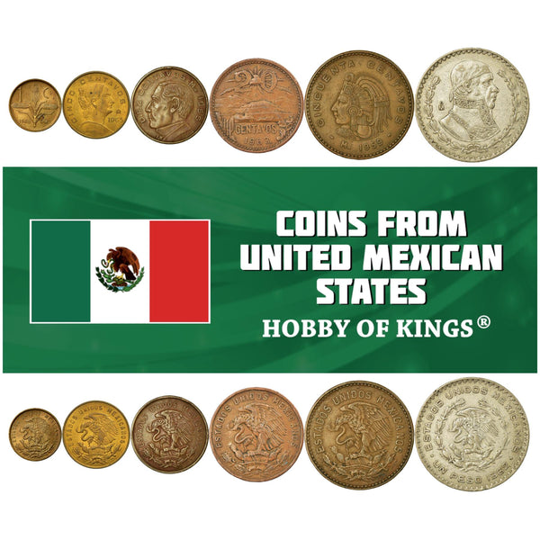 Mexican 6 Coin Set 1 5 10 20 50 Centavos 1 Peso | Opuntia | Golden Eagle | Rattlesnake | Pyramid | Cuauhtemoc | Josefa Ortiz de Domínguez | Benito Juárez | Liberty cap | José María Morelos | 1950 - 1971