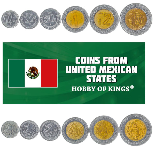 Mexican 6 Coin Set 10 20 50 Centavos 1 2 5 Pesos | Opuntia | Golden Eagle | Aztec calendar stone | 1996 - 2021