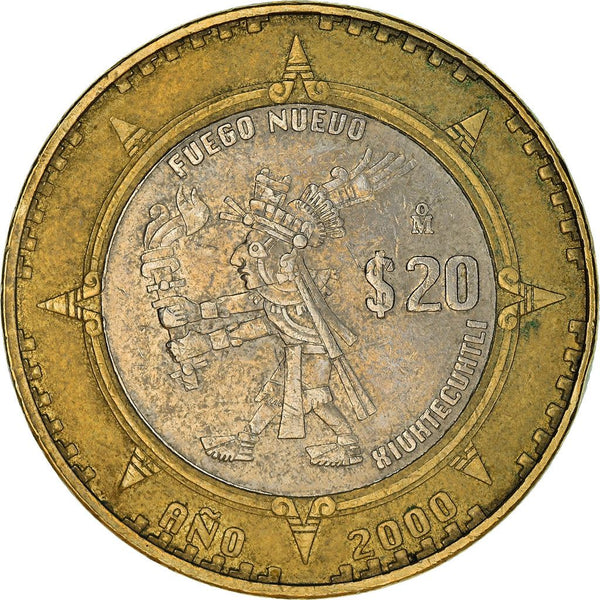Mexico | 20 Pesos Coin | Xiuhtecuhtli | Crest | Eagle | Aztec deity | KM637 | 2000 - 2001