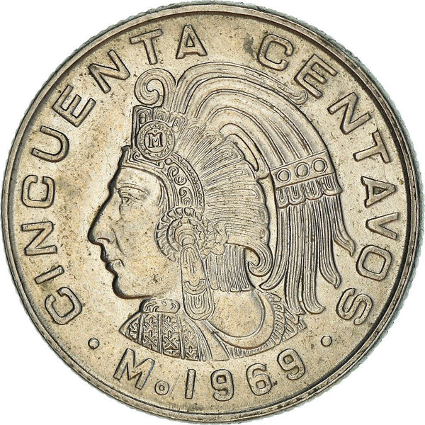 Mexico 50 Centavos Coin | King Cuauhtemoc | Feather crown | KM451 | 1964 - 1969