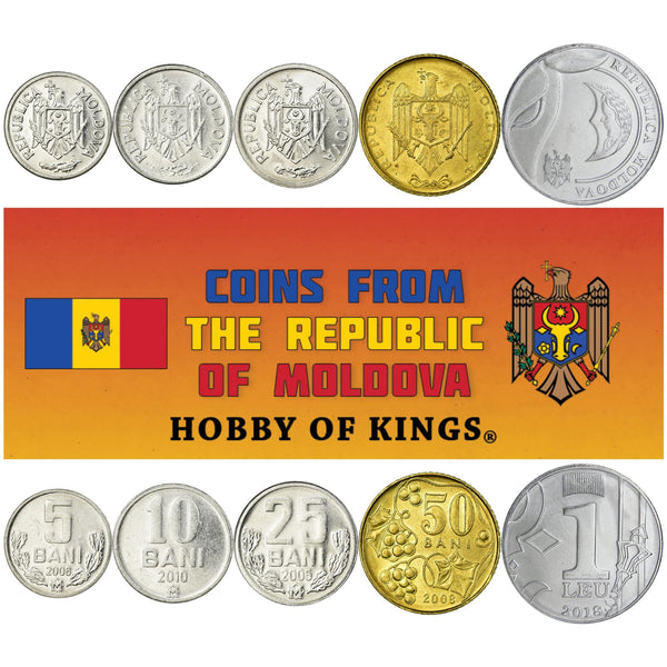 Moldovan 5 Coin Set 5 10 25 50 Bani 1 Leu | Bull | Eagle | Grapes | Crescent | Moldova | 1997 - 2022
