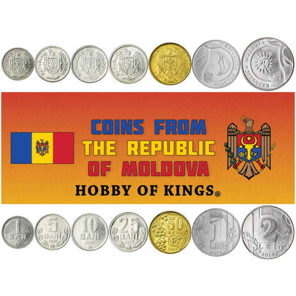 Moldovan 7 Coin Set 1 5 10 25 50 Bani 1 2 Lei | Bull | Eagle | Grape | Sun | Moldova | 1997 - 2022