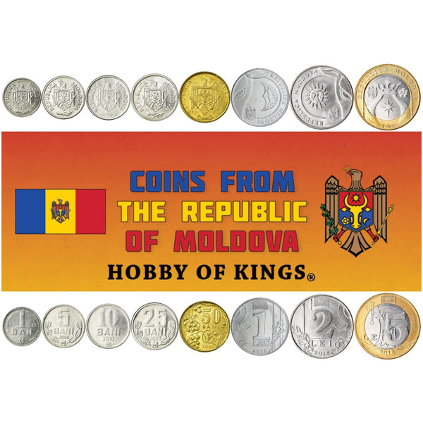 Moldovan 8 Coin Set 1 5 10 25 50 Bani 1 2 5 Lei | Bull | Eagle | Grape | Sun | Crown | Moldova | 1997 - 2022