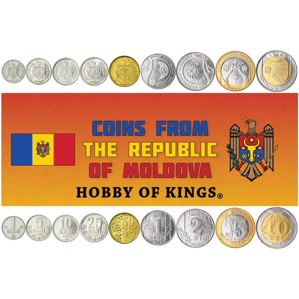 Moldovan 9 Coin Set 1 5 10 25 50 Bani 1 2 5 10 Lei | Eagle | Bull | Grapes | Crescent | Sun | Crown | Moldova | 1997 - 2022