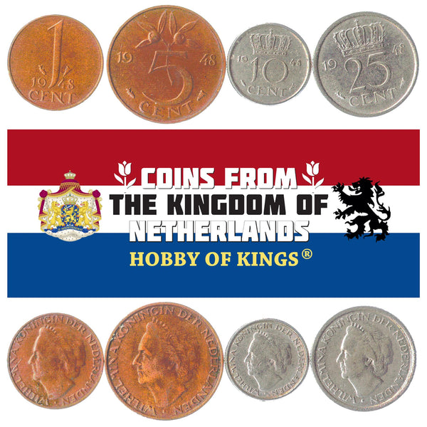 Netherlands 4 Coin Set 1 5 10 25 Cents | Queen Wilhelmina | Netherlands | 1948