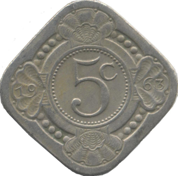 Netherlands Antilles 5 Cents Coin | Queen Juliana | Orange Blossom | KM6 | 1957 - 1970