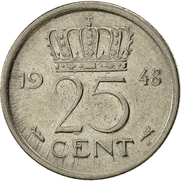 Netherlands Coin 25 Cents | Queen Wilhelmina | KM178 | 1948