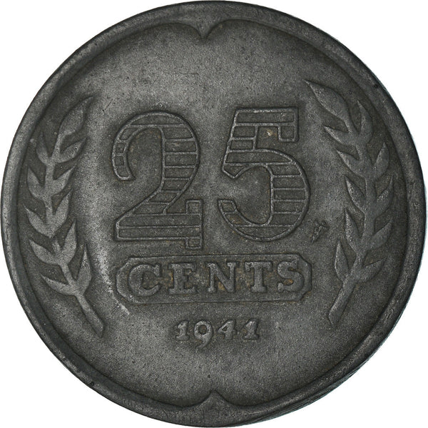 Netherlands Coin 25 Cents | Queen Wilhelmina | Ship | KM174 | 1941 - 1943