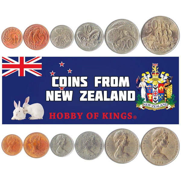 New Zealand 6 Coin Set 1 Cent 2 5 10 20 50 Cents | Elizabeth Ii | A Tuatara | Kiwi | Fern Leaf | Kowhai | Endeavour | New Zealand | 1967 - 1985