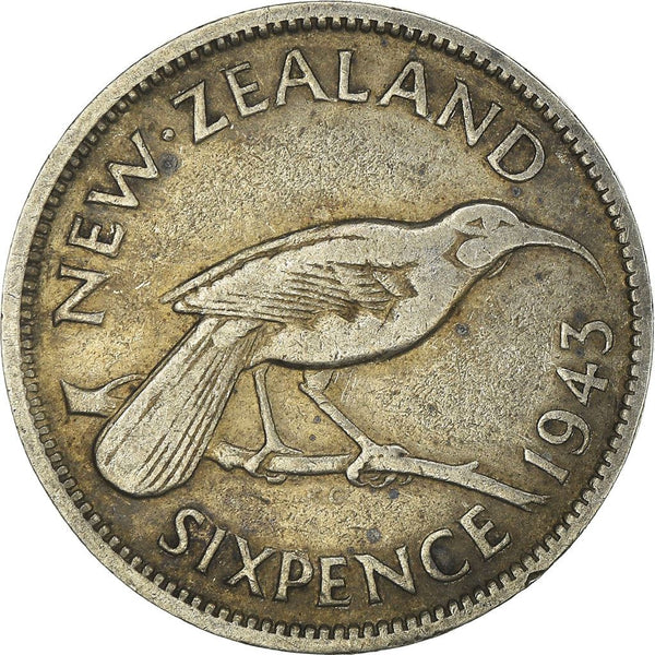 New Zealand 6 Pence Coin | King George VI | Huia Bird | KM8 | 1937 - 1946