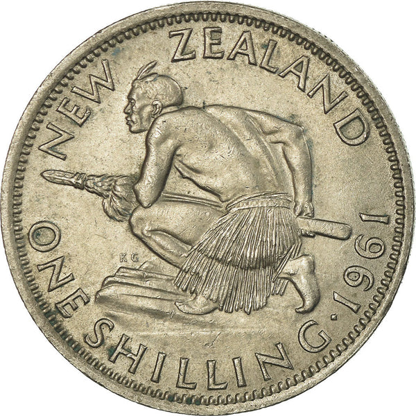 New Zealander 1 Shilling Coin | Queen Elizabeth II | Maori Warrior | Taiaha | KM27 | 1953 - 1965