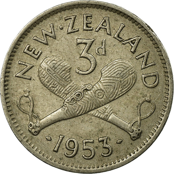 New Zealander 3 Pence Coin | Queen Elizabeth II | Carved Patu | KM25 | 1953 - 1965