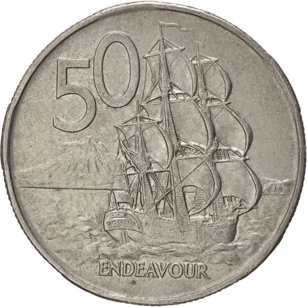 New Zealander 50 Cents Coin | Queen Elizabeth II | Captain James Cook | HMS Endeavour | KM37 | 1967 - 1985