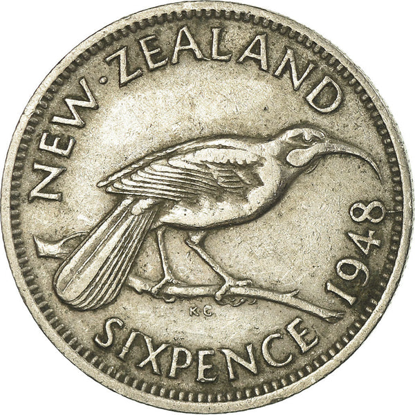 New Zealander 6 Pence Coin | King George VI | Huia Bird | KM16 | 1948 - 1952