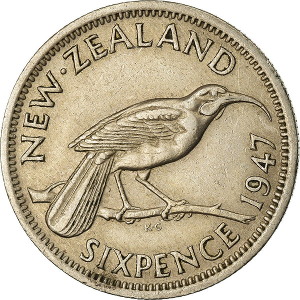 New Zealander 6 Pence Coin | King George VI | Huia Bird | KM8a | 1947