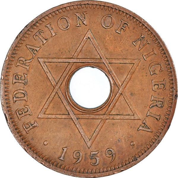 Nigeria Coin | 1 Penny Coin | Queen Elizabeth II | Crown | David Star | KM2 | 1959
